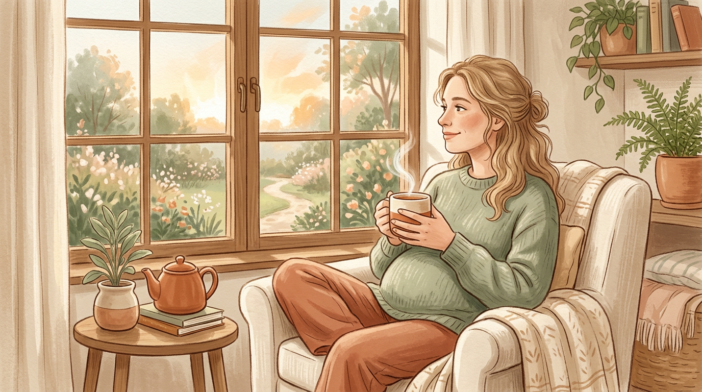 Illustration: calm early pregnancy morning.