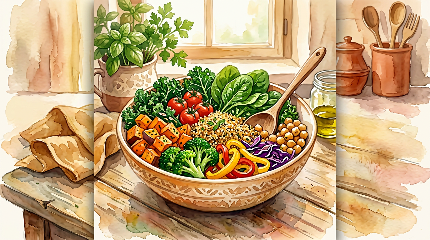 Illustration: colourful nourishing foods for pregnancy.