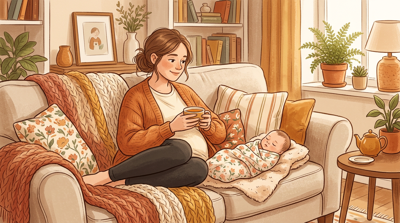Illustration: cozy postpartum rest and recovery.