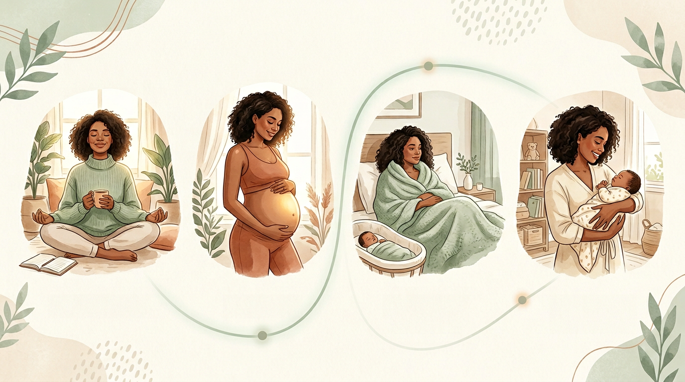 Artistic illustration of one woman’s journey: planning for pregnancy, expecting, postpartum recovery, and bonding with her baby.