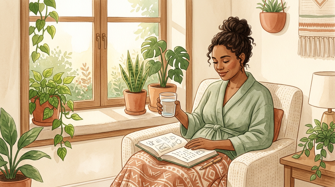 Illustration: calm morning routine with water and journal for day one.