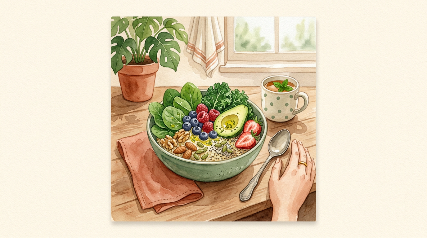 Illustration: nourishing foods and prenatal nutrition for early days.
