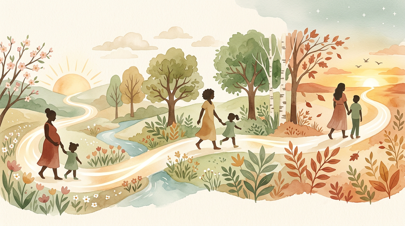 Illustration: a gentle path through time — motherhood as a journey of many days, not one single lesson.